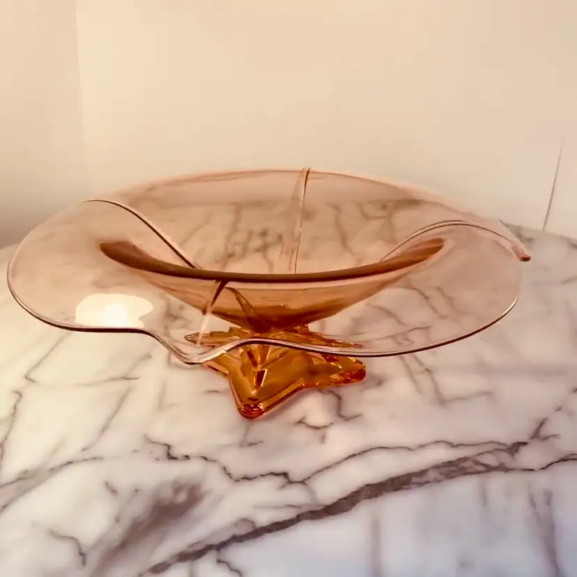 #0409 Pink Depression Glass Stemmed Fruit Bowl Rolled Rim