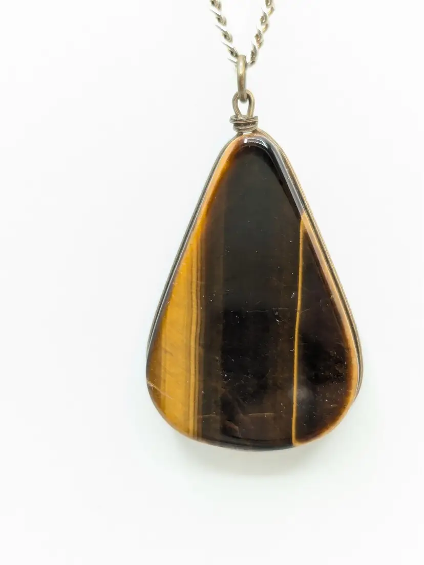 Tiger's Eye Teardrop Pendant Necklace Silver Tone