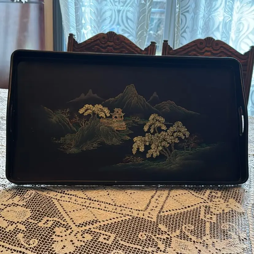 Vintage Chinese Wooden Lacquewear Artist Painted Teapot/ Cups Tray