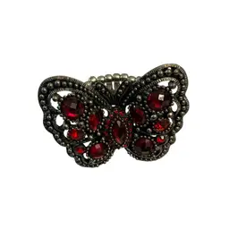 Butterfly Adjustable Ring Silver Tone With Red Rhinestones 1 7/8” X 1 1/2”