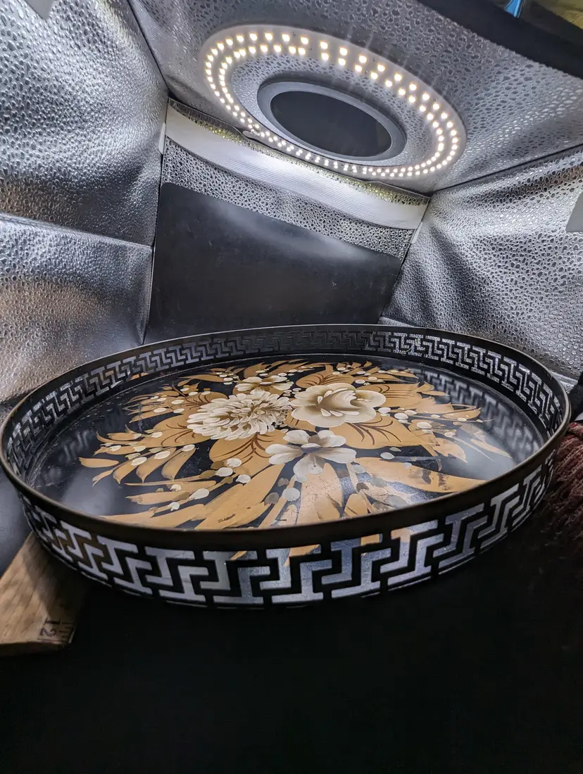 Vintage Hand-Painted Black & Gold Floral Metal Tray Greek Key Design.