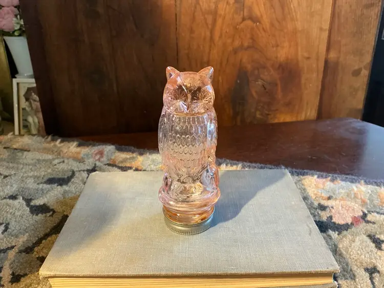 Owl, Pink Glass With Metal Screw On Base 1950’s