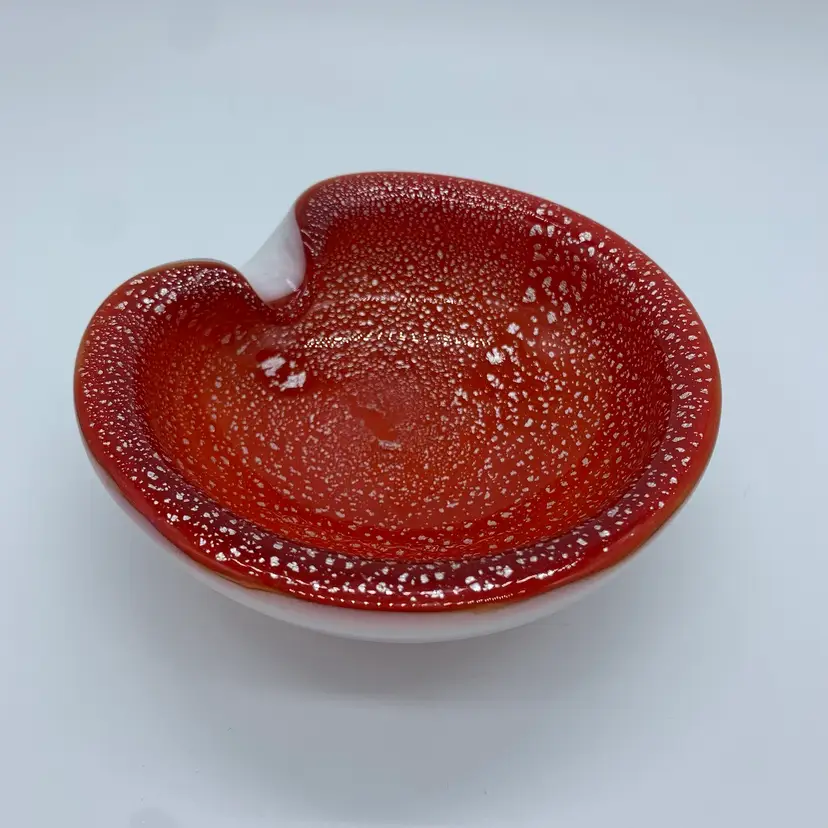 Murano Red Silver Fleck Speckle Cased White Base Art Glass Bowl Trinket Dish