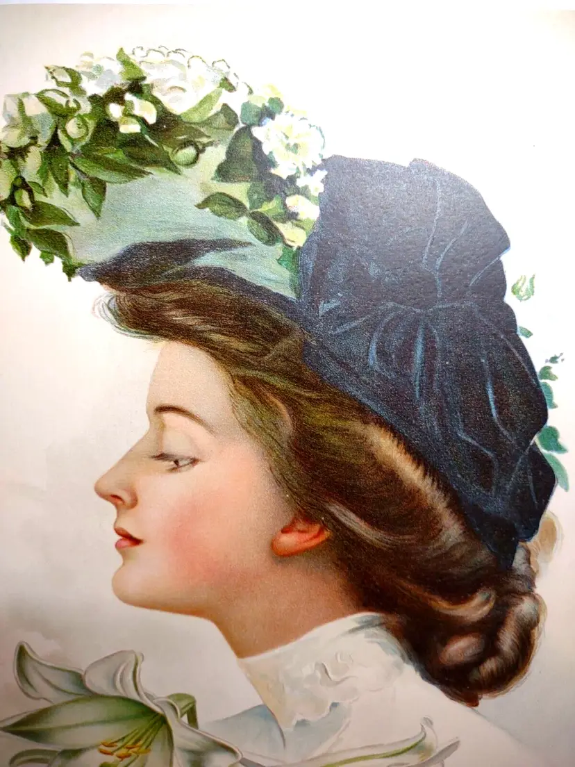 Victorian Art Print Lovely Women Close Up Lily Flower Hat Gray Litho Co. NY 1906