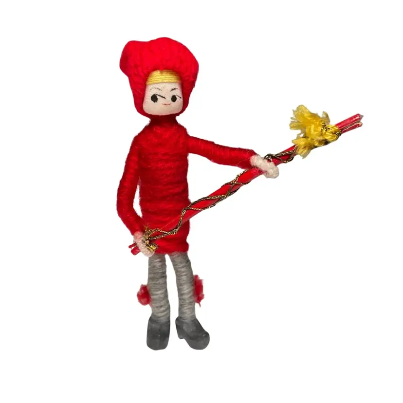 Vintage Anne Beate Boy With Fishing Pole Yarn Wrap Dolls Denmark Red Winter Hats 4"