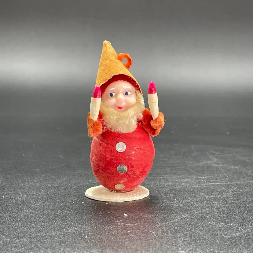 Shiny Brite Spun Silk Chenille Dwarf Elf Gnome Pixie Wax Face Hanging Christmas Ornament Japan Vintage