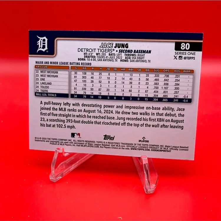 Jace Jung 2025 Topps Series 1 RC Diamanté Foil Detroit Tigers