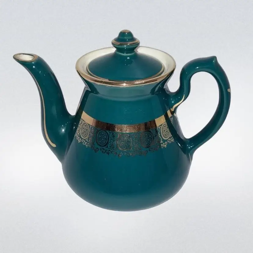 Vintage Hall Turquoise / Teal & Scalloped Gold Accents Tea Pot 6 Cup