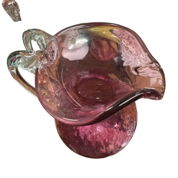 Handmade Cranberry Art Glass Pitcher With Applied Clear Handle No Issues, Beautiful Optics 8” Tall