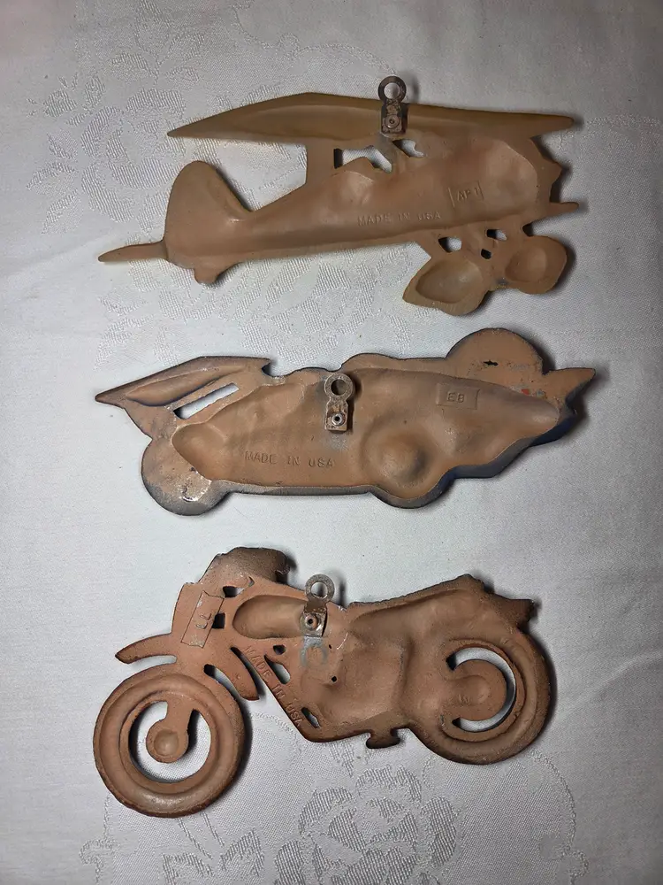 Vtg Cast Metal Wall Decor Motorcycle Airplane Race Car  Childs Room Decor