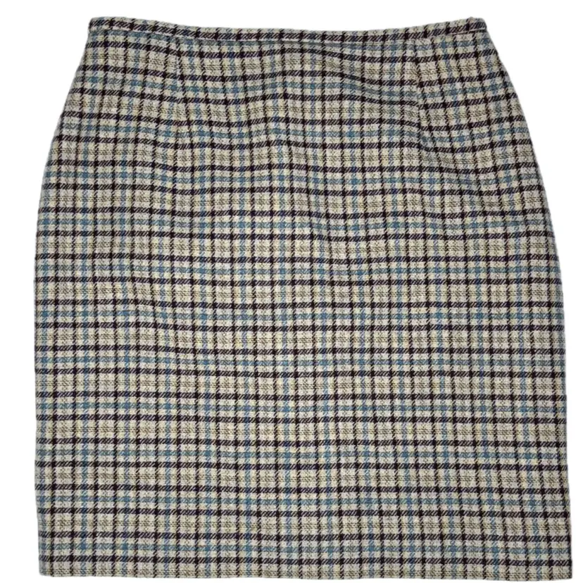 Vintage Evan Picone Pure Wool Beige Plaid Pencil Skirt Size M L Classic Cottage Core