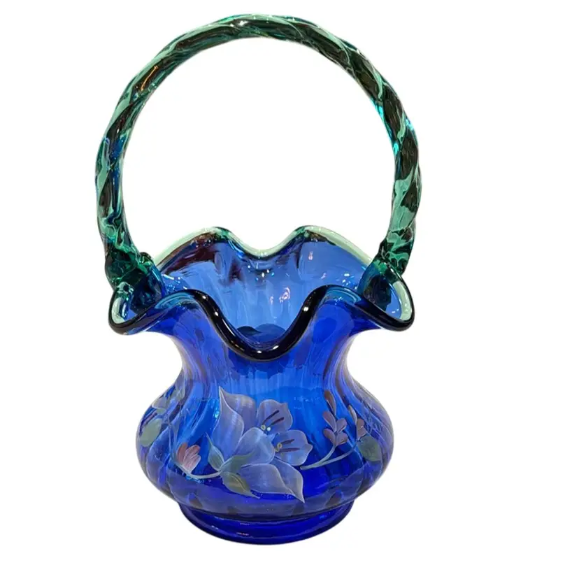 Fenton Handpainted By CM Kibbe “Morning Glory” Cobalt Blue Optic Glass With Green Rim & Handle Basket - Signed George Fenton - 8.5”