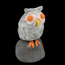 Pottery Owl Figurine, Cute Abstract Ceramic Own On Rock Sculpture, Pottery Owl With Orange Eyes