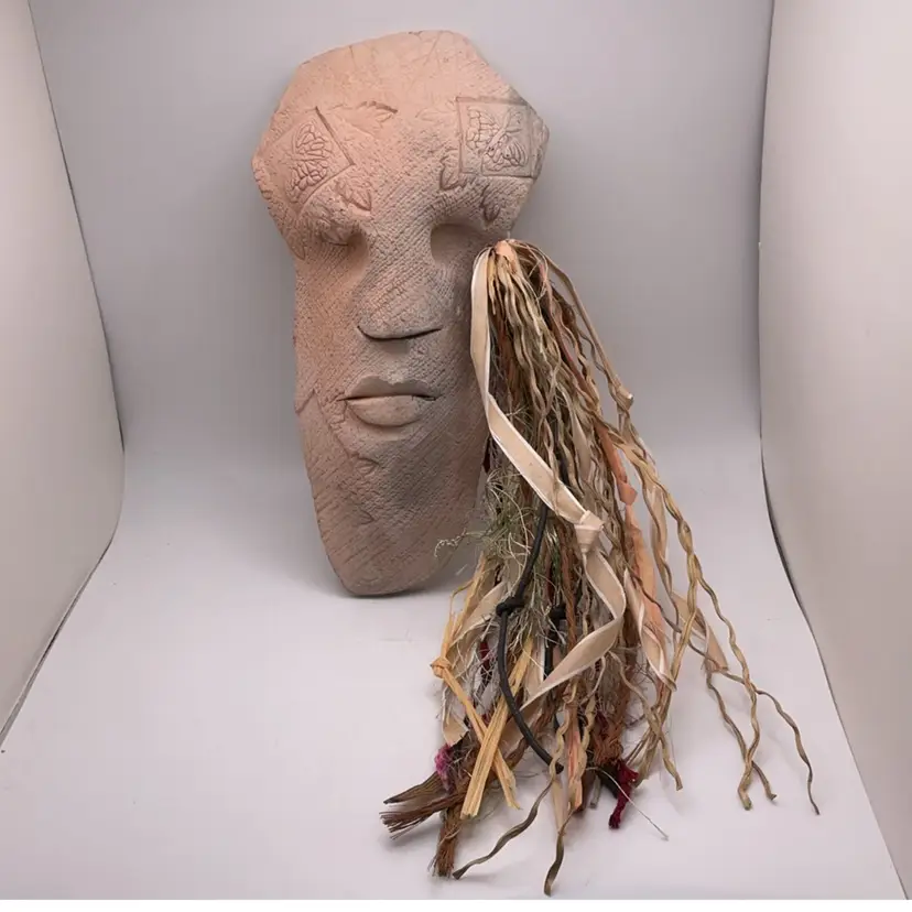 POW4 Raku? Pottery Mixed Media Studio Art SIGNED Mask with Butterfly Wall Hanging