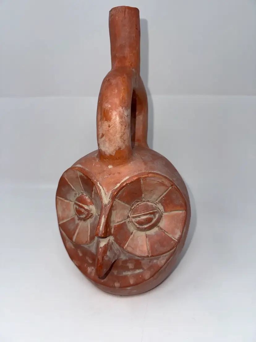 70s SGND REPLICA PRECOLUMBIAN MOCHE POTTERY PERU STIRRUP SPOUT OWLS HEAD VESSEL
