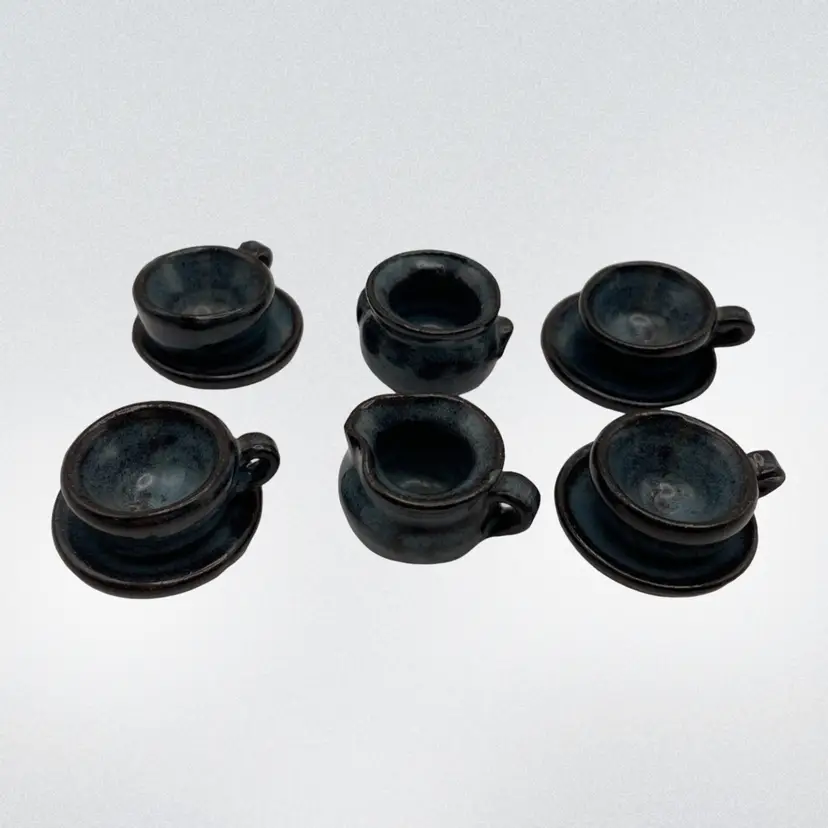 Miniature, Dollhouse, 1.5:12 Handmade, Redware, Blue Glaze, Cups/Saucers/Sugar/Creamer