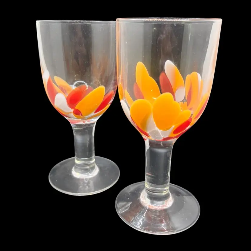 Pair Of Orange, Red & White Wine Glasses Goblets 6.5”
