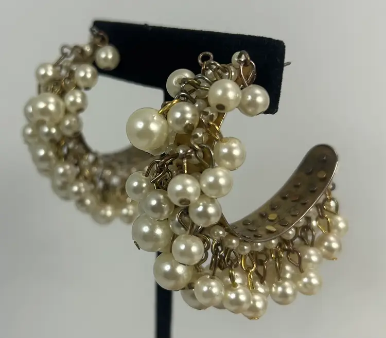 Vintage Dangle White Bead Hoop Style Post Style Earrings