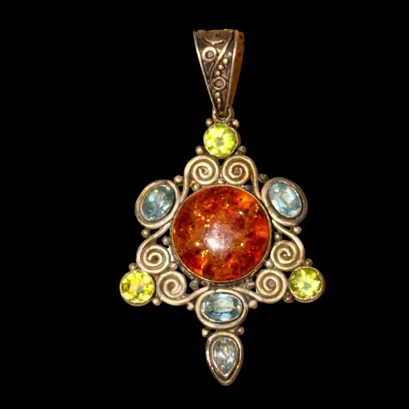 Vintage Sterling Amber Peridot Aquamarine Cross Pendant 2.75” Multi Gemstone
