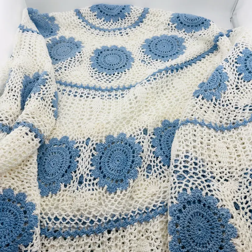 Beautiful Handmade Crocheted Blue And White Round Tablecloth Approx 77” Diameter
