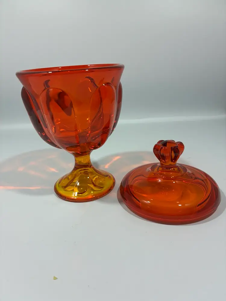 Glowy! Vintage Viking Glass Persimmon Orange Red 6 Petal Candy Dish With Lid