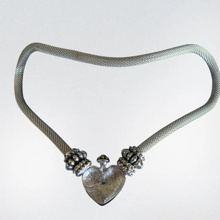 Vintage ESPO Joseph Esposito Clip Heart Pendant  Central Crystal Mesh Necklace