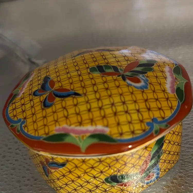 Vintage Takashi Cloisonné Yellow Patterned Trinket Box With Butterflies