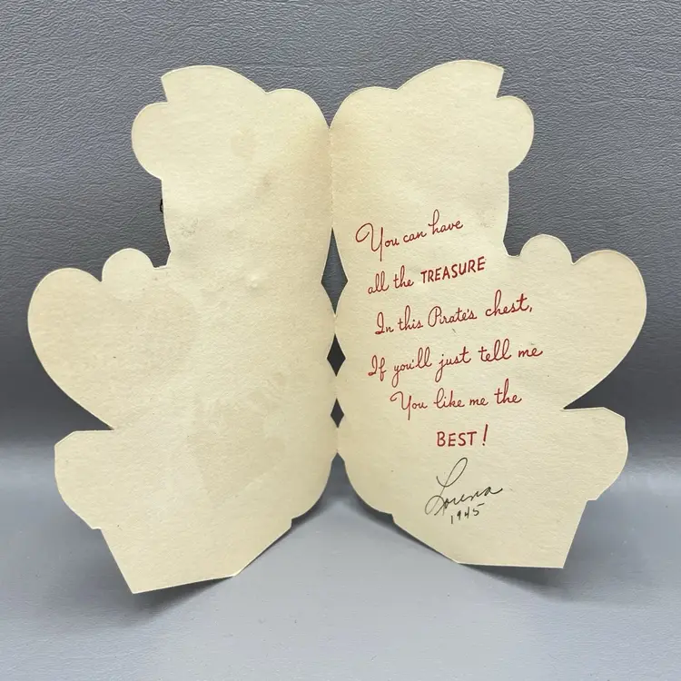 Vintage Valentine Die Cut Card Pirate Bear With Treasure Chest Hearts Stanley USA 6" 1940s Felt Eye Patch