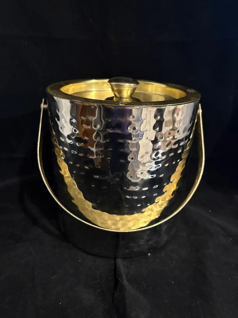 Vintage Palm Silver Gold Hammered metal ice bucket