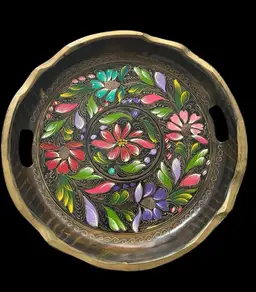 Vintage Mexican Batea Hand Painted Wooden Tray Bowl Floral Folk Art - 13 Inch