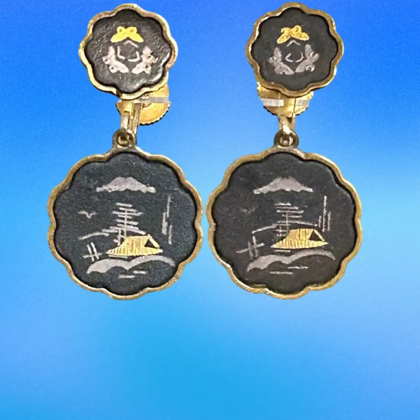 Vtg Damascene Dangle Earrings Screw Bank Mt Fuji Japan
