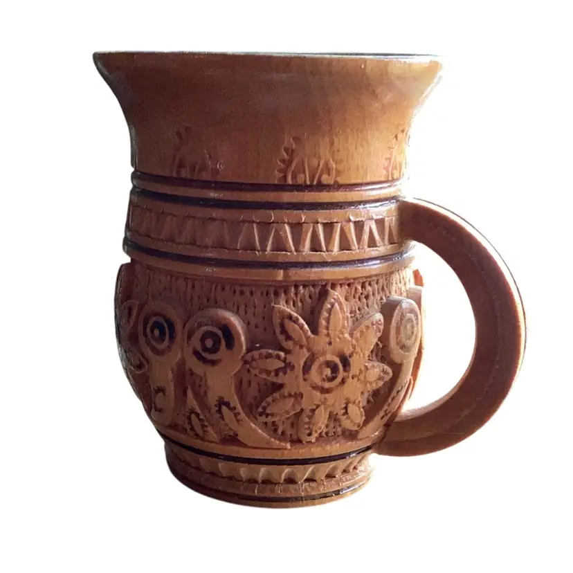 Hand Carved Wooden Mug Sunflowers Flowers Handle Pen Or Paint Brush Holder 4 Inches