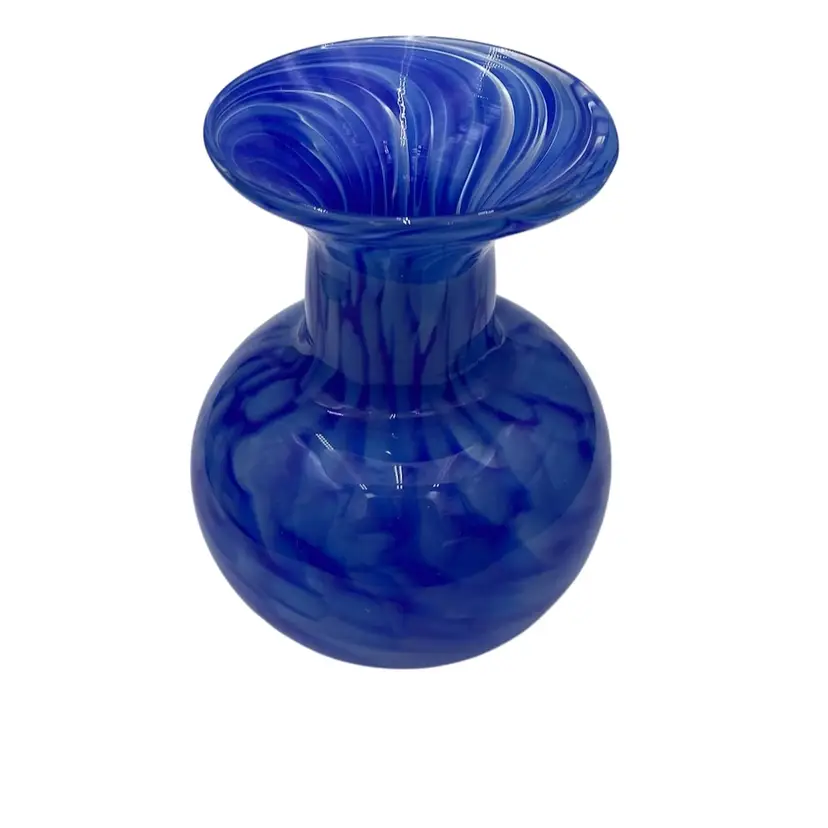 Crucible Glassworks, Art Glass Vase, Royal & Light Blue Swirls, Signed, MINT
