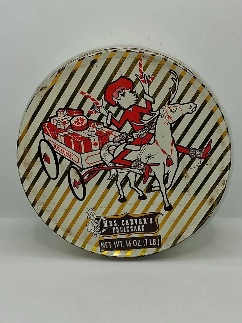 Vintage Mrs. Carver's Fruit Cake Tin! GREAT GRAPHICS! Advertising, Decor!