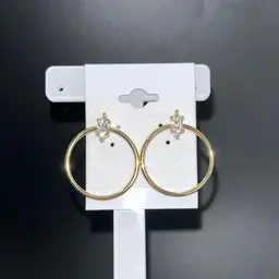 Beautiful Hoop Marquise CZ Earrings Pierced, Gold Tone, 1 1/4” Wide