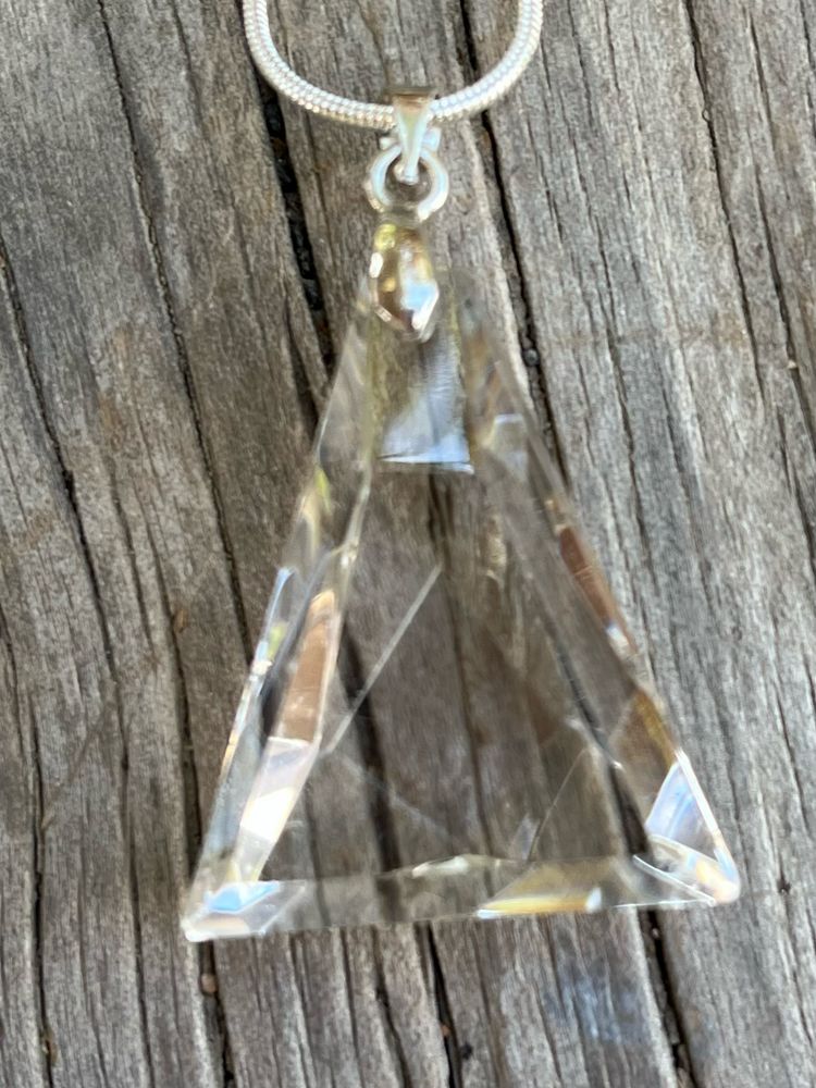 Clear Crystal Quartz Faceted Triangle 925 Sterling Silver Necklace 18"