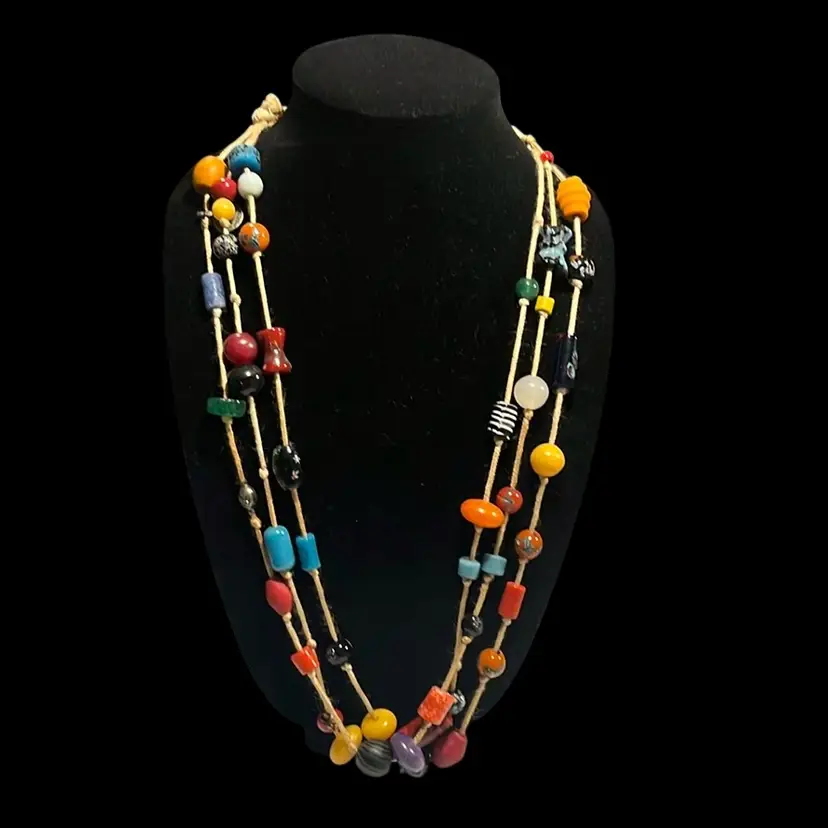 Long Beaded Bohemian Style Multi Strand Natural Twine Necklace | 30”
