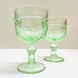 A Pair Vintage Indiana Glass Tiara Chantilly Green Cordial Mini Goblet Dessert Glass Floers Scrolls