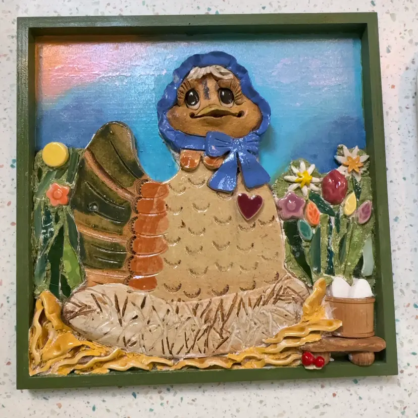 12” X 12” Mosaic Chicken On Best With Flowers And Hand painted Sky