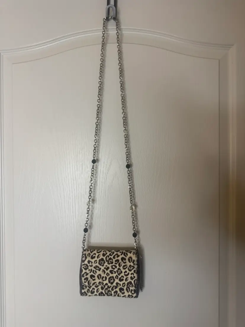 White House Black Market Animal Print Clutch Evening Bag; Silver Tone And Beaded Chain 22” Drop; Bag Is 5”x 4”; Silver Hassle Accent; Snap Closure