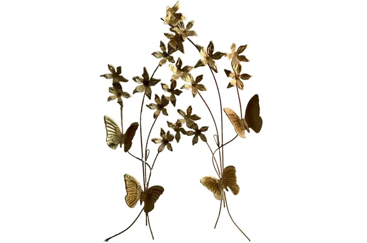 Vintage 1970’s Homco Butterfly Flower Metal Wall Decor Hanging Brass Gold Tone, Set of 2