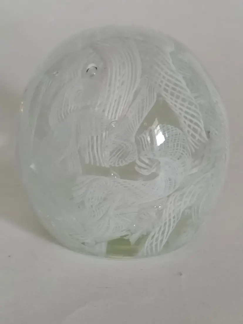 Vintage 1960s Rare Domed Egg Shape, White Filigrana Italian Murano Glass Paperweight