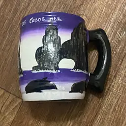 Los Cabos Mexico Hand Painted Ceramic Coffee Cup Mug Black Purple Dolphin Beach