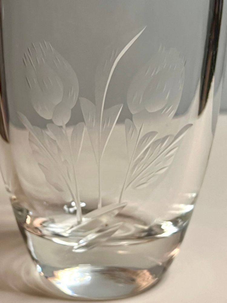 Etched Heavy Floral Clear Glass Vintage Vase 4 1/2”