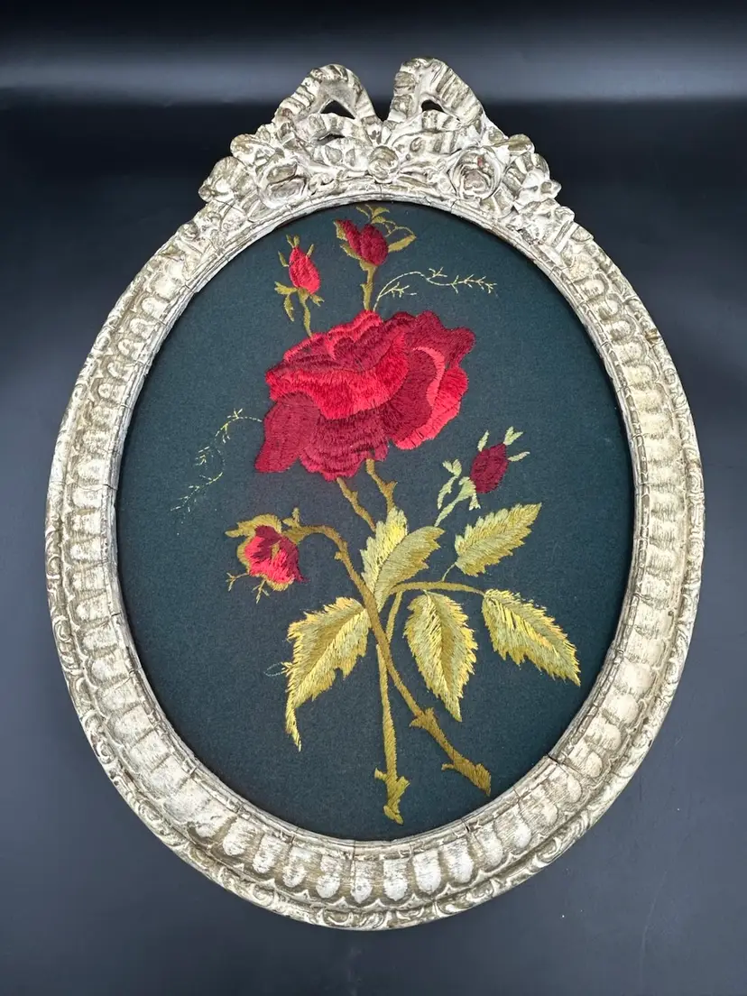 Vintage Oval Wood Ornate Framed Red Floral Crewel/needlepoint Artwork