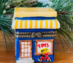 #01 - TOY SHOP TRINKET BOX Hinged VINTAGE Ceramic Treasure Keepsake Window AWNING Bike