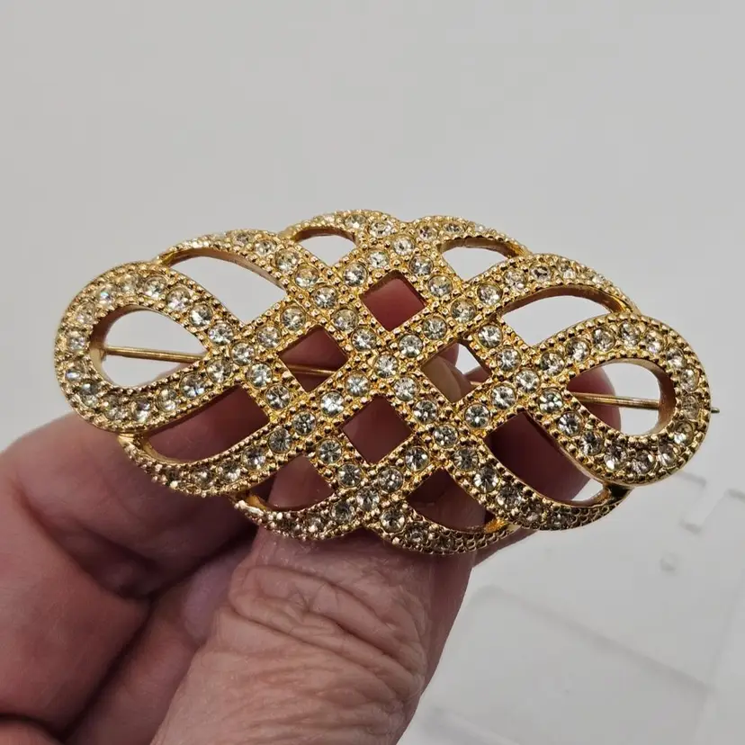 RARE Vintage Christian Dior Gold Tone Pave Brooch with Rhinestones