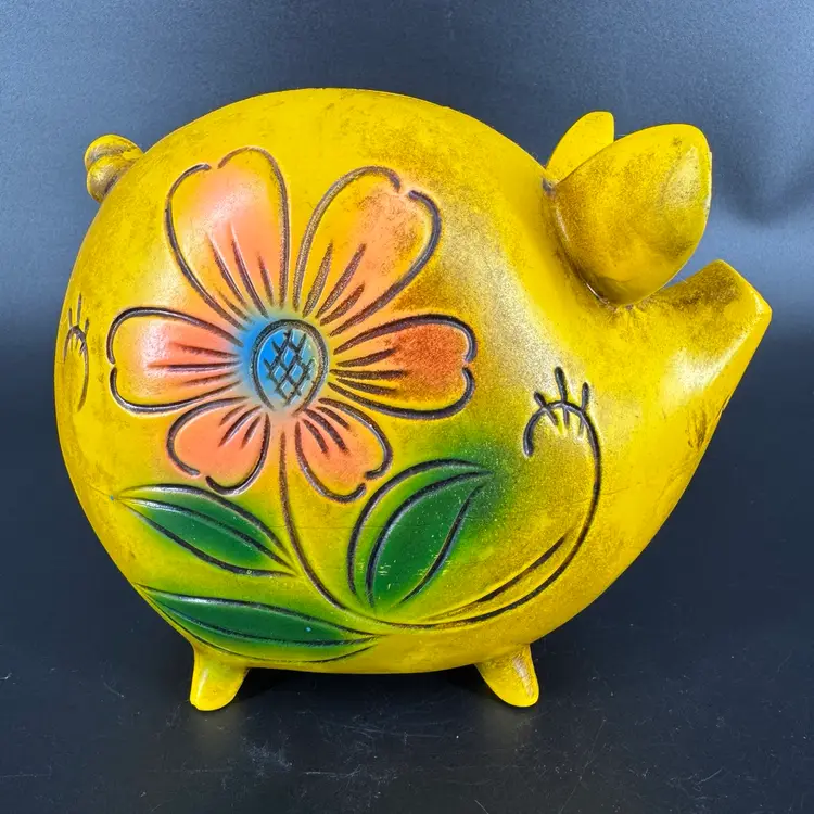 Vintage Kitschy Yellow Piggy Bank W/ Embossed And Painted Flowers