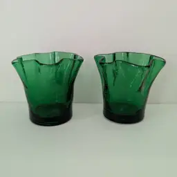 Handblown Green Glass Ruffled Handkerchief Style Votive Candle Holders Set Of 2