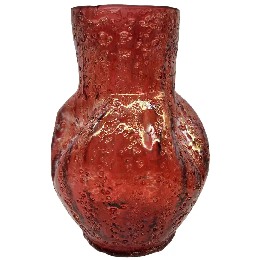 Vintage Dugan Glass Red Frit Triple Pinched Vase Round Top 7" Tall